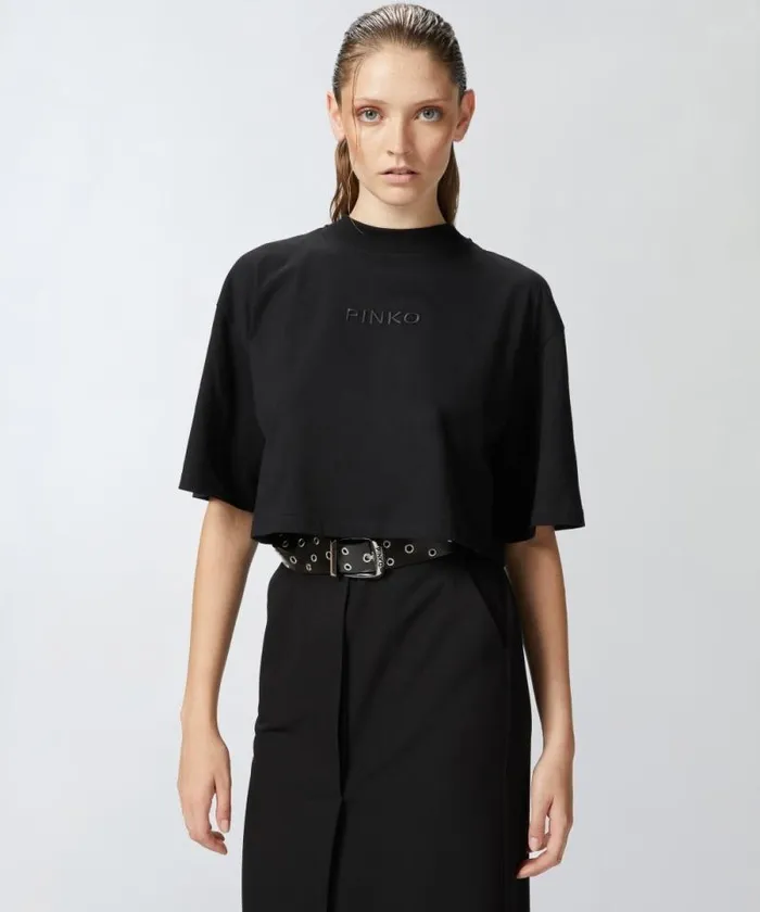 Women Topwear Pinko Tshirt Cropped Con Logo Ricamato Limo Black