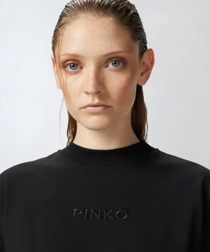 Women Topwear Pinko Tshirt Cropped Con Logo Ricamato Limo Black Women Topwear Pinko Tshirt Cropped Con Logo Ricamato Limo Black