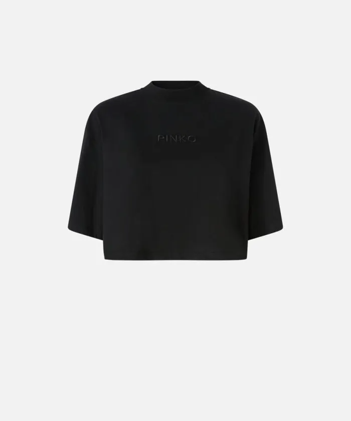 Women Topwear Pinko Tshirt Cropped Con Logo Ricamato Limo Black Women Topwear Pinko Tshirt Cropped Con Logo Ricamato Limo Black