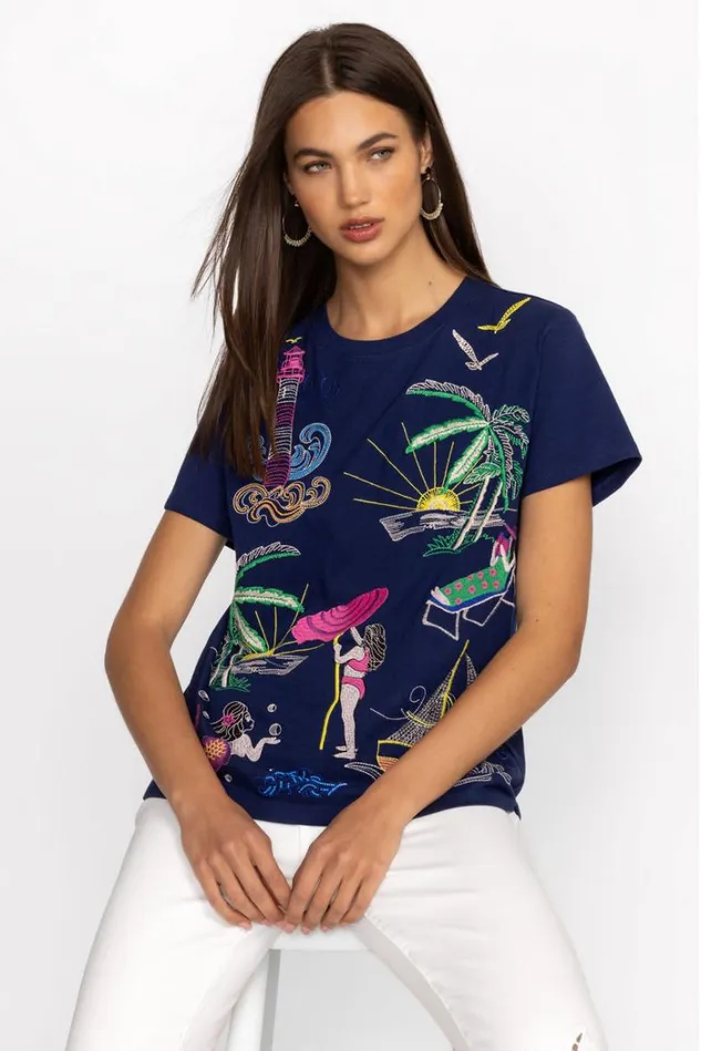 Women TRAVEL CREW NECK TEE Navy Johnny Was Tops