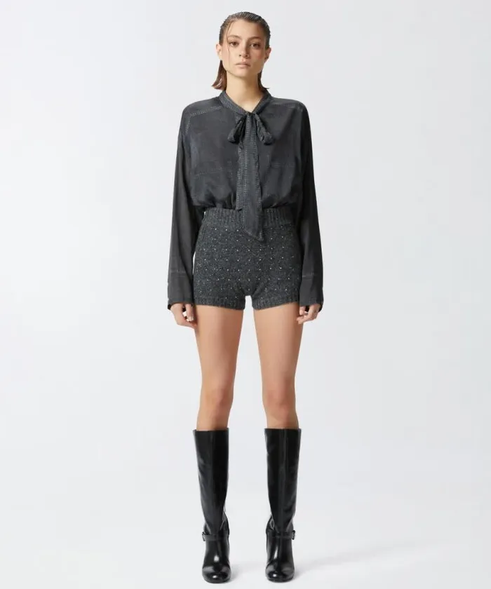 Women Trousers Pinko Knit Shorts With Rhinestones Greyblack