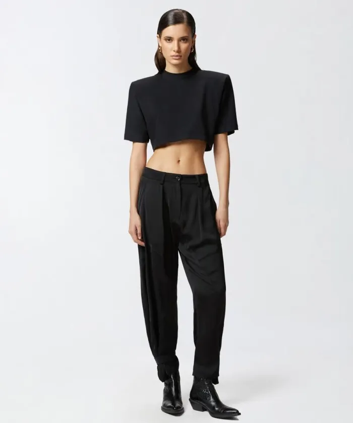 Women Trousers Pinko PPants Trousers In Matte Satin With Button At The Bottom Limo Black