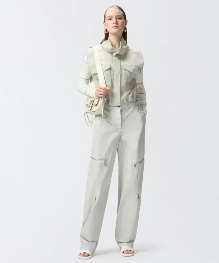 Women Trousers Pinko Wide Cotton Trousers With Zip Pearl Grey