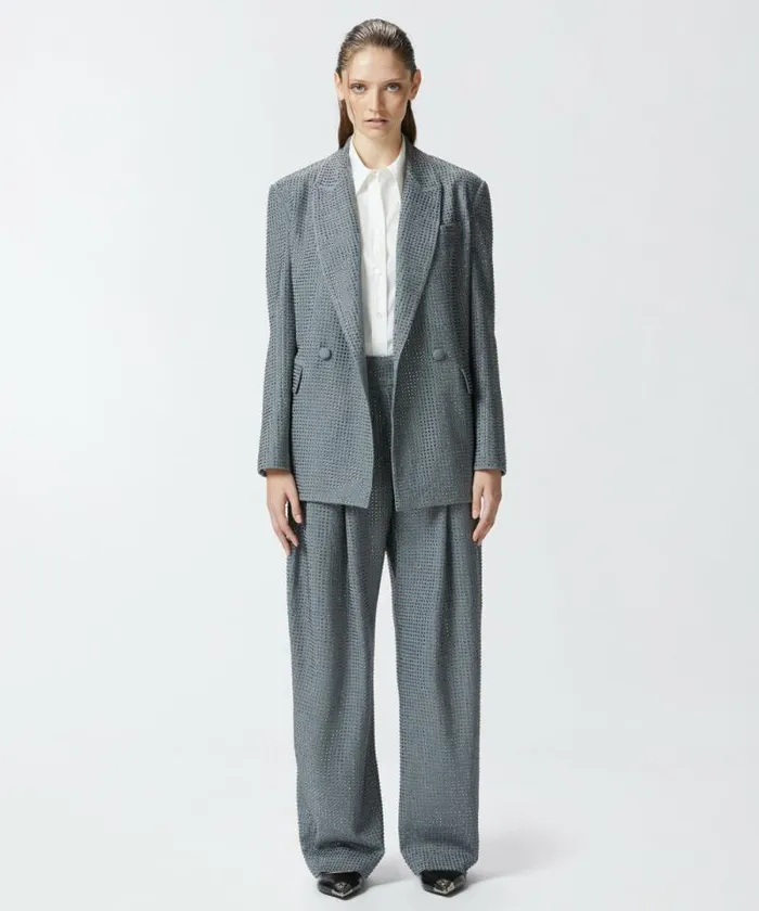 Women Trousers Pinko Wideleg Trousers With Rhinestones Grey 8211 Ebony
