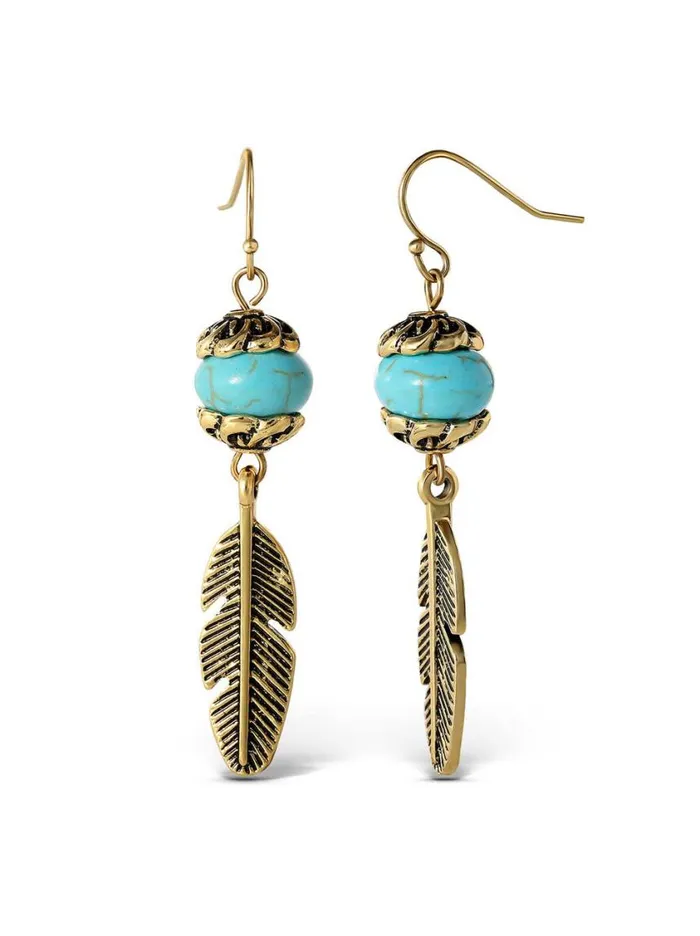 Women Turquoise Collection Jessica Simpson Turquoise Bead Feather Drop Earrings In Gold