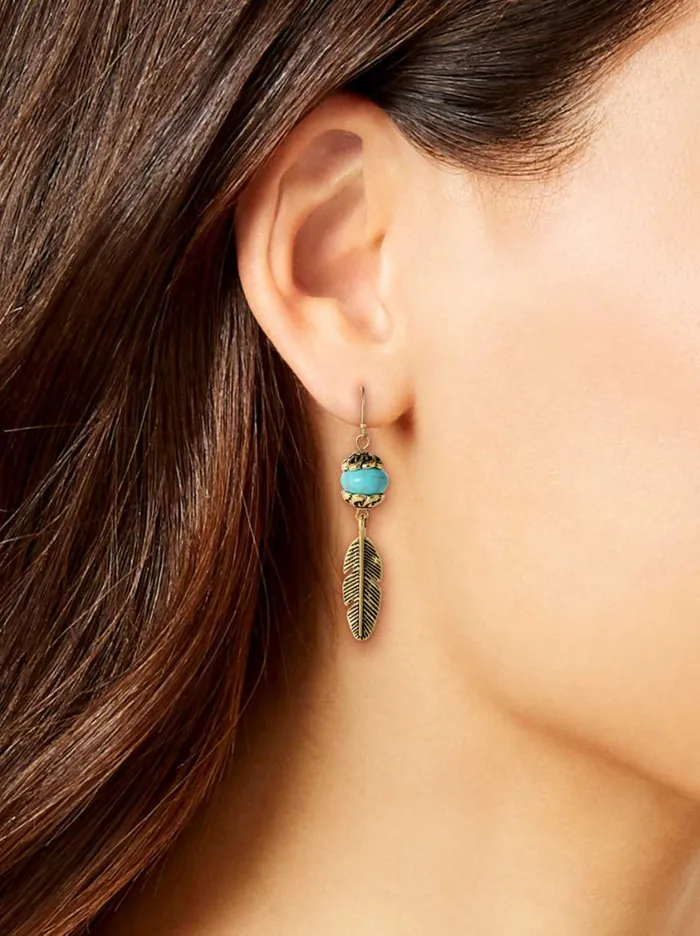 Women Turquoise Collection Jessica Simpson Turquoise Bead Feather Drop Earrings In Gold