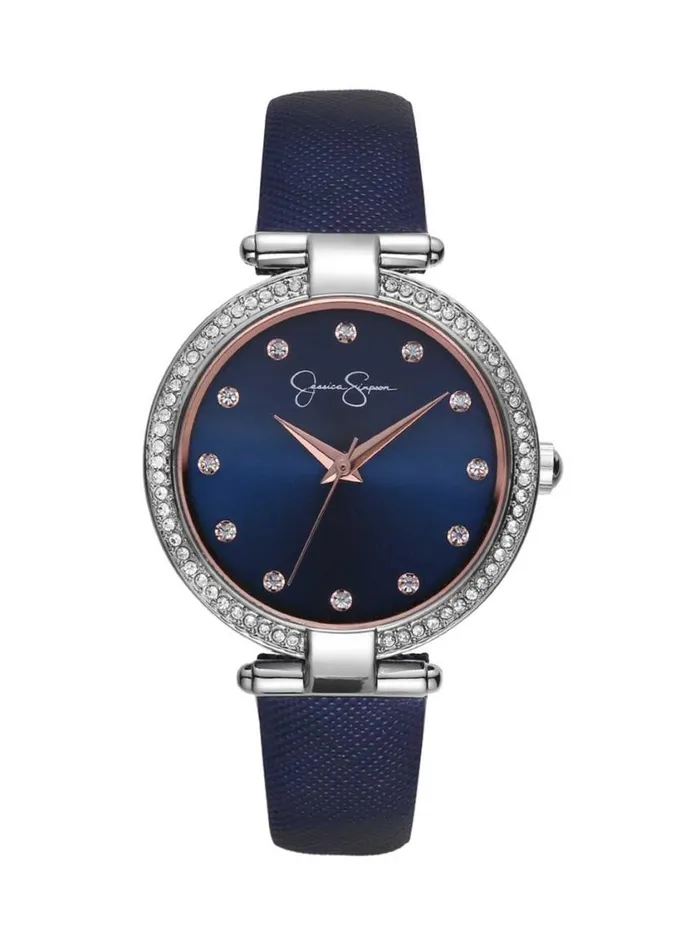 Women Watches Jessica Simpson Crystal Bezel Navy Strap Watch In Silver Tone