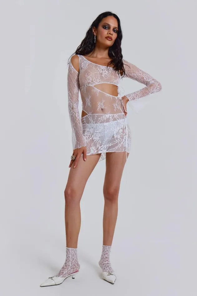 Women White Long Sleeve Mixed Lace Mini Dress With Slash Cut Out Detail Jaded London Mini Dresses