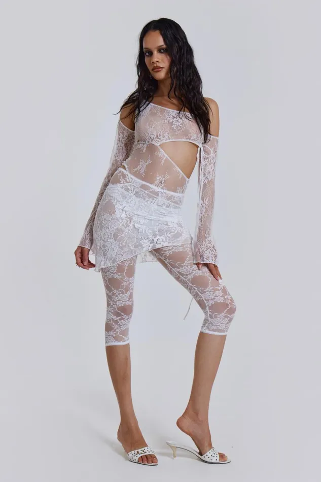 Women White Long Sleeve Mixed Lace Mini Dress With Slash Cut Out Detail Jaded London Mini Dresses