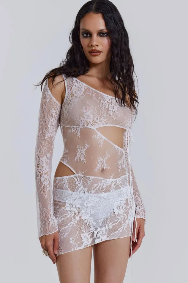 Women White Long Sleeve Mixed Lace Mini Dress With Slash Cut Out Detail Jaded London Mini Dresses