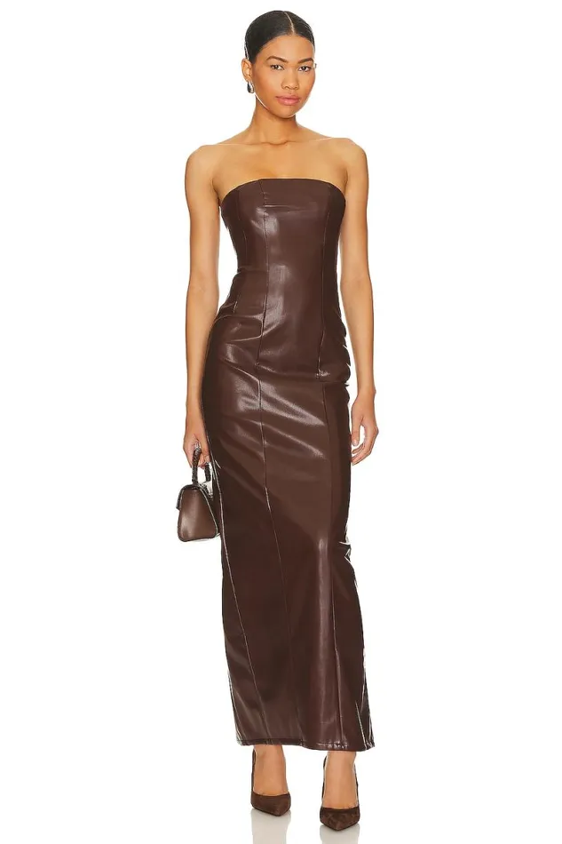X Rachel Ana Faux Leather Maxi Dress Pecan Brown Women Lovers and Friends Leather